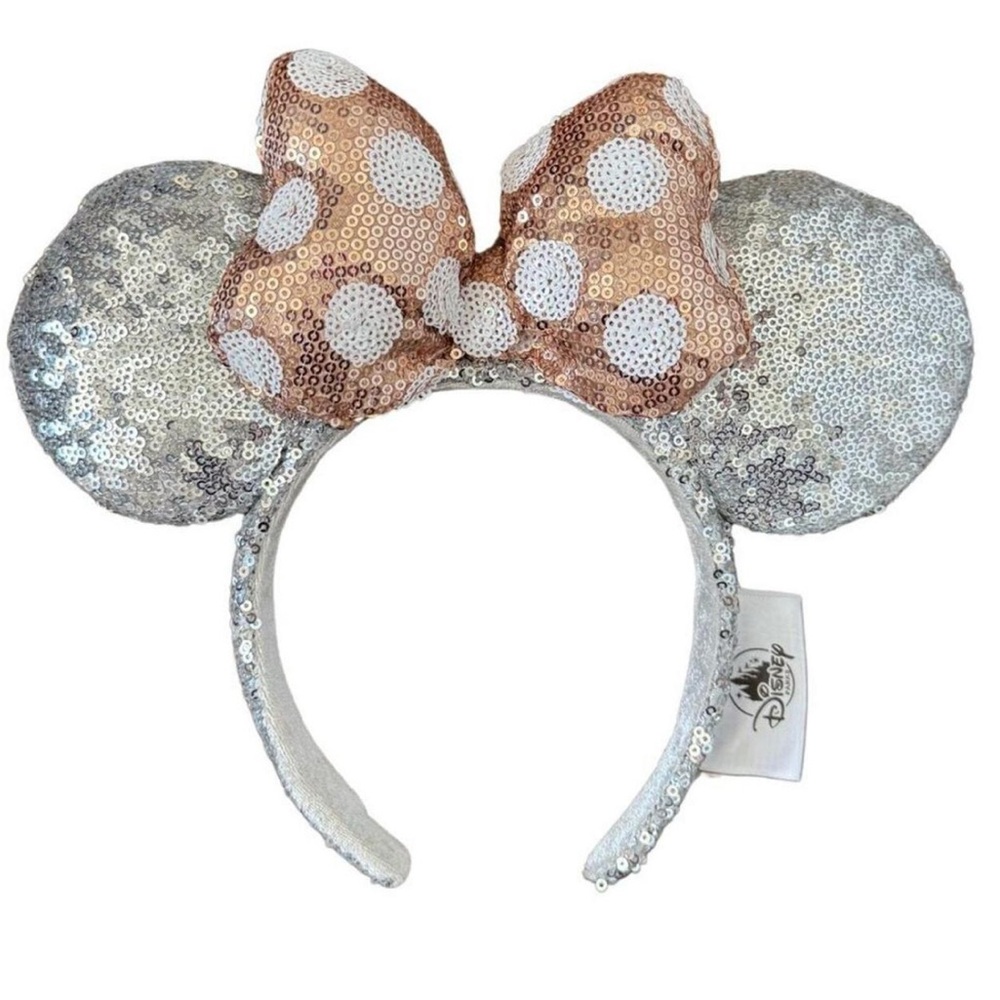 Disney Parks Silver Sequin Rose Gold Dot Bow Minnie Mouse Ears Headband